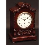 Mid-19th century mahogany cased dial timepiece, the case with shaped pediment and foliate detail