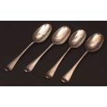 Four George II bottom struck tablespoons, Hanoverian pattern, crested verso (heavily worn), length 8