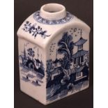 A Lowestoft tea caddy c.1775 of typical form, painted with pagodas and a Chinese garden scene, the