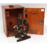 Early 20th century cased lacquered and patinated brass binocular microscope, Carl Zeiss - Jenner,