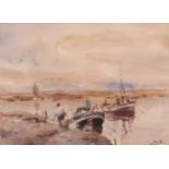 *JACK COX (1914-2007, BRITISH) Estuary scene with fishing boats and fishermen watercolour, signed