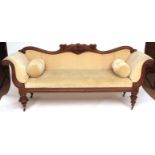 Victorian mahogany scroll end sofa, the raised back moulded with scrolls and rosettes over a plain