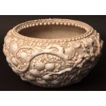Unusual Chinese porcelain bowl or censer, the biscuit fired body skilfully applied with a moulded