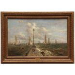 JOHN MOORE OF IPSWICH (1820-1902, BRITISH) "Harwich Jetty" oil on panel, signed lower left 12 x 18