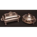 Mixed Lot: two various lidded serving dishes together with an electroplated salver of circular form,
