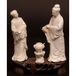 Chinese blanc de chine group of a scholar and his wife examining a jade disc whilst standing