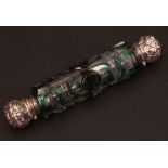 Late 19th century double ended cylindrical perfume flask, the cut glass body with overlay green