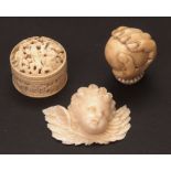 Mixed Lot: three small ivory items; a Chinese Canton ivory gaming counter box containing 8 mother of
