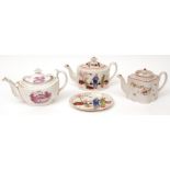 Three various late 18th/early 19th century teapots (one with stand), decorated with chinoiserie
