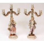 Pair of Plaue or Sitzendorf three-light candelabra, stems each applied with figures of male and