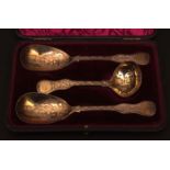 Victorian cased set comprising pair of serving spoons together with a sifter spoon, all with