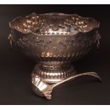 20th century electro-plated punch bowl of half-fluted circular form with shaped rim and floral and