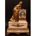Mid-19th century French monumental marble and gilt brass figural mantel clock, the plinth shaped