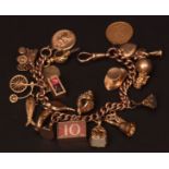 9ct gold charm bracelet, set with 22 various charms to include a penny-farthing, pram, handbell etc,