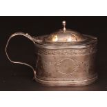 George III lidded mustard, of oval form with hinged and domed cover and ball finial, with applied