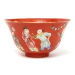 Coral ground Chinese porcelain bowl with everted rim, delicately painted around the exterior and