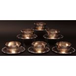 Six each white metal bowls and matching side plates, each of polished form, each with cast and