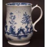 A large Lowestoft bell shaped mug c1765 painted in light blue with a three storied pagoda within a