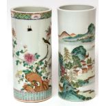 Two Chinese porcelain famille rose brush pot form vases, one decorated with a bird on a branch