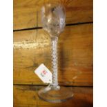 18th century wine glass, the bowl engraved with sprigs of foliage on an opaque spiral twist stem and