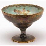 Wedgwood lustre small tazza of circular pedestal form, the inner bowl decorated in colours with