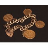 9ct gold curb link coin bracelet, suspended from the heavy curb bracelet a George III spade