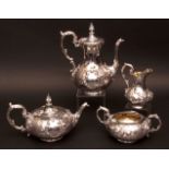 Victorian four-piece tea and coffee service comprising tea pot, coffee pot, sugar basin and milk