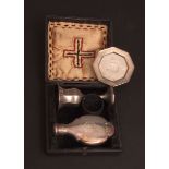 Victorian cased three-piece communion set, of typical form, comprising flask, paten and chalice, the