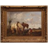 ATTRIBUTED TO THOMAS SMYTHE (1825-1907, BRITISH) Farmworker with horses and dog in landscape,