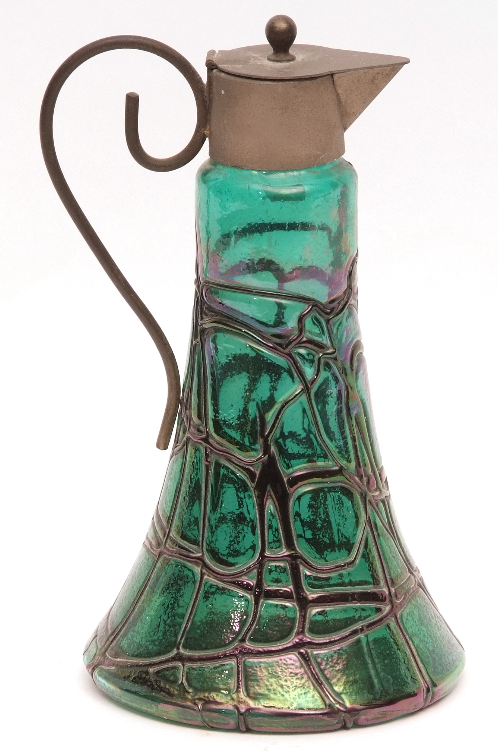 Late 19th/early 20th century Loetz style green glass claret decanter with base metal mount, cover