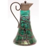Late 19th/early 20th century Loetz style green glass claret decanter with base metal mount, cover
