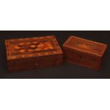 Tunbridge Ware rectangular box, with central panel of geometric designs within a typical geometric