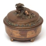 Mid-19th century Japanese cast bronze and Champleve enamel lidded censer in Chinese style, the lid