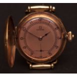 Early 20th century 18K half hunter fob watch/wristwatch conversion, Omega, the frosted gilt and