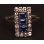 Mid-20th century precious metal sapphire and diamond ring, of rectangular shape with three square