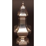 George V large table caster, of facetted square baluster form with pierced pull-off cover, cast