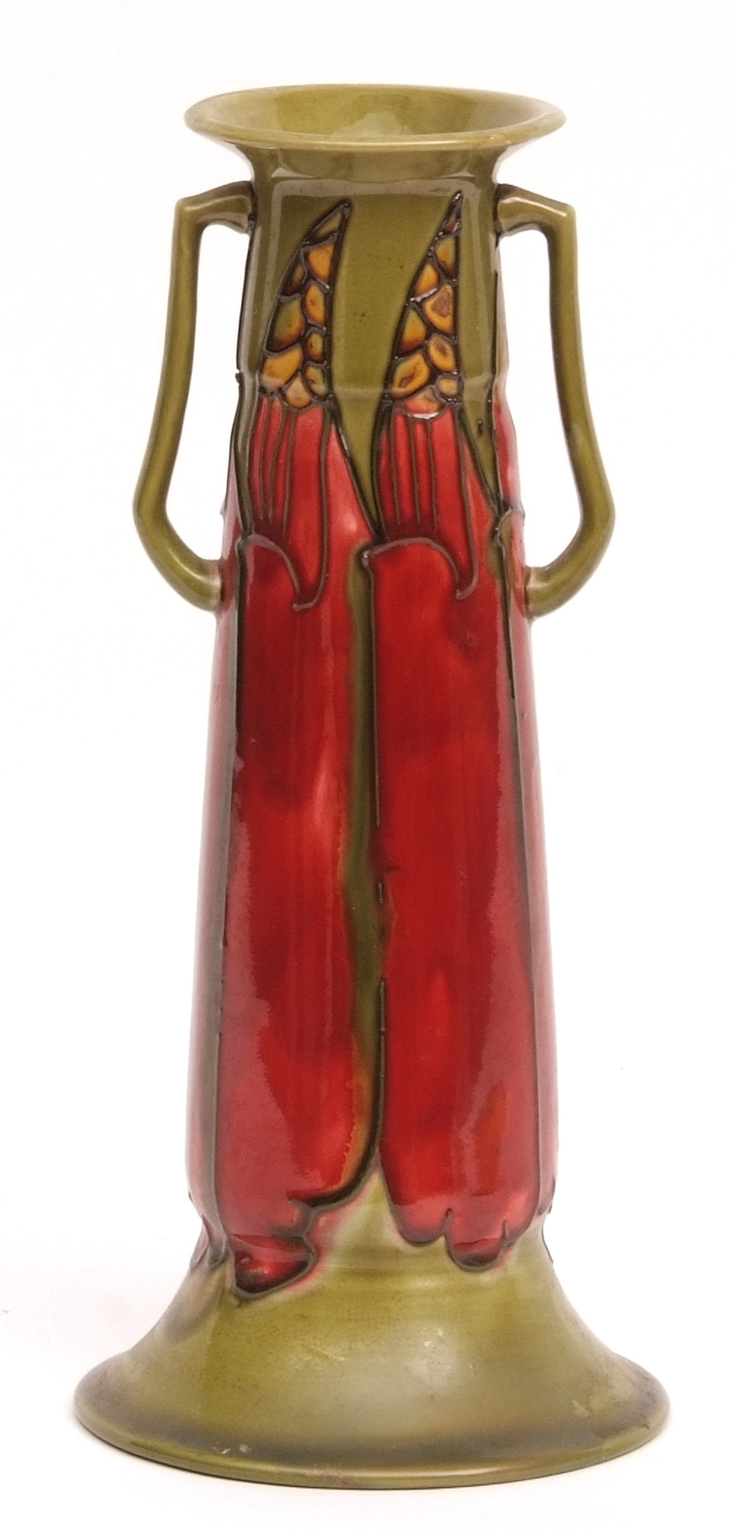 Minton secessionist two-handled spill vase with spreading rim, the body tube lined with geometric