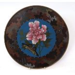 Japanese cloisonn enamel circular plaque decorated with a spray of peony and a butterfly against a