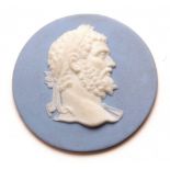 Early Wedgwood Jasper small circular plaque, moulded with a head of a classical victor, reversed