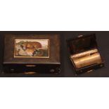 Mid-19th century Swiss horn and gold mounted micro-mosaic inlaid music box, F Nicole, the hinged