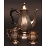 George V Bachelor's coffee set comprising coffee pot, sugar basin and milk jug, each of faceted