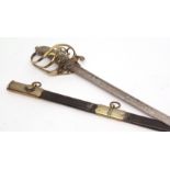 British, Victorian Naval sword with Gothic brass hilt with crowned Victoria cipher and wire bound