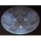 French opalescent glass shallow circular bowl, heavily embossed in the Lalique manner with