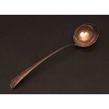 George III soup ladle, double struck Old English Thread pattern, crested and initialled verso to a