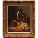 EDWARD LADELL (FL 1856-1886, BRITISH) Still Life study of mixed fruit and glass domed taxidermy of
