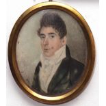 ENGLISH SCHOOL (19TH CENTURY) Portrait of a gent wearing black jacket portrait miniature 2 1/2 x 2