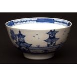 A Lowestoft sugar bowl circa 1780 painted in bright blue with pagodas and a Chinese river scene on