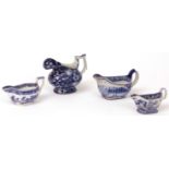 Collection of four 19th century English gravy boats, all printed with scenes and floral designs etc,