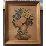 Sill/wool work panel, depicting a spray of flowers in oval gilt frame, together with further pair of