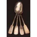 Four Victorian Fiddle pattern table spoons, length 8 3/4 ins, combined weight approx 282gms,